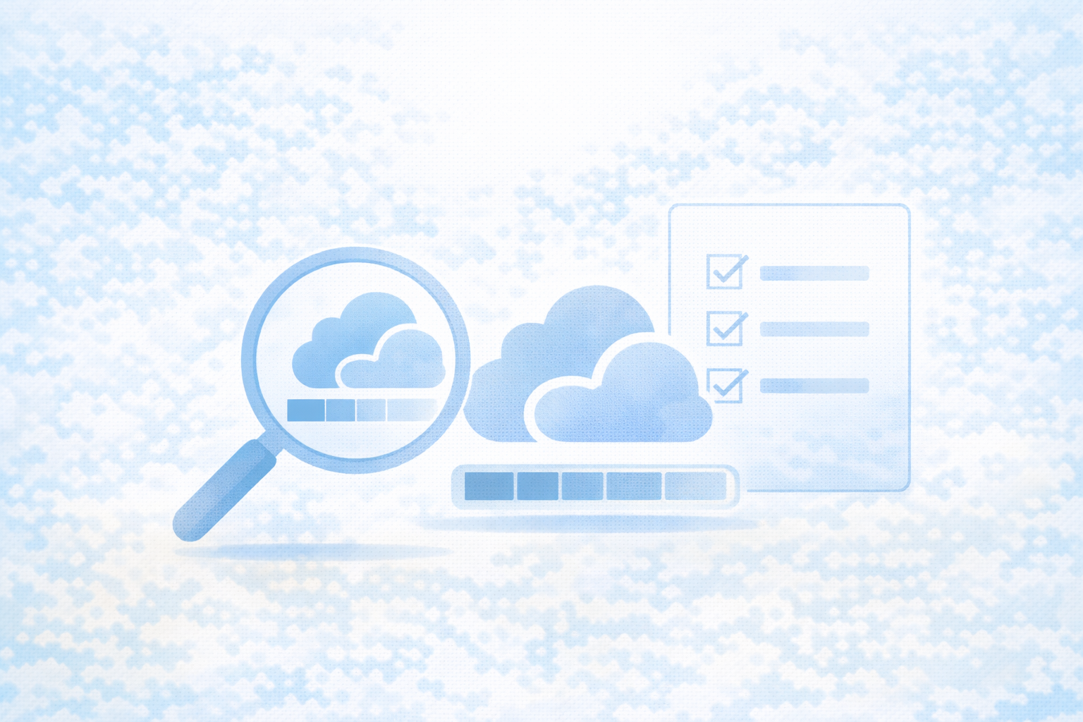 現状確認のイメージ：虫眼鏡＋容量ゲージ＋チェックリスト（文字なし）