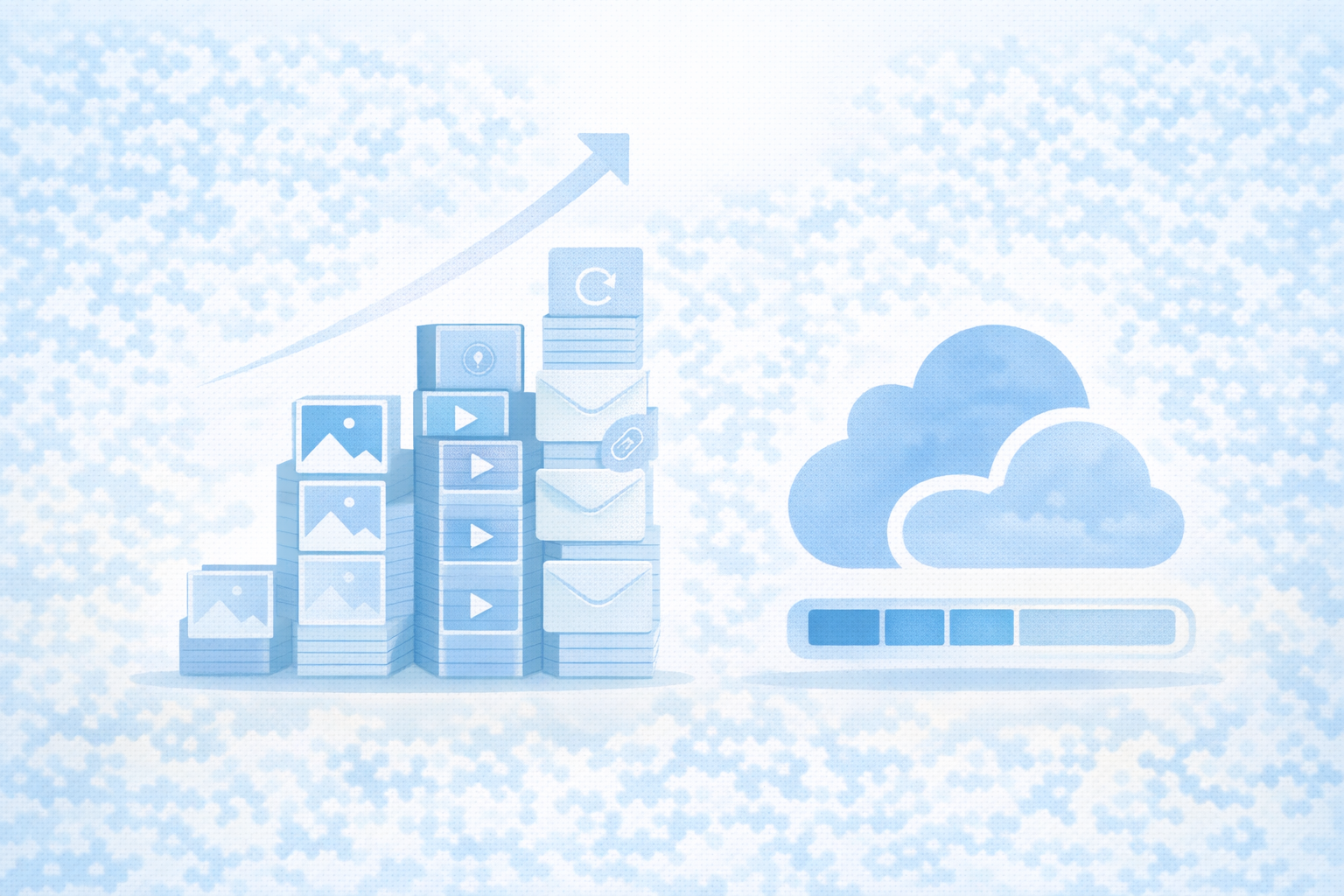 容量が増える原因：写真・動画・メール添付・バックアップの抽象図