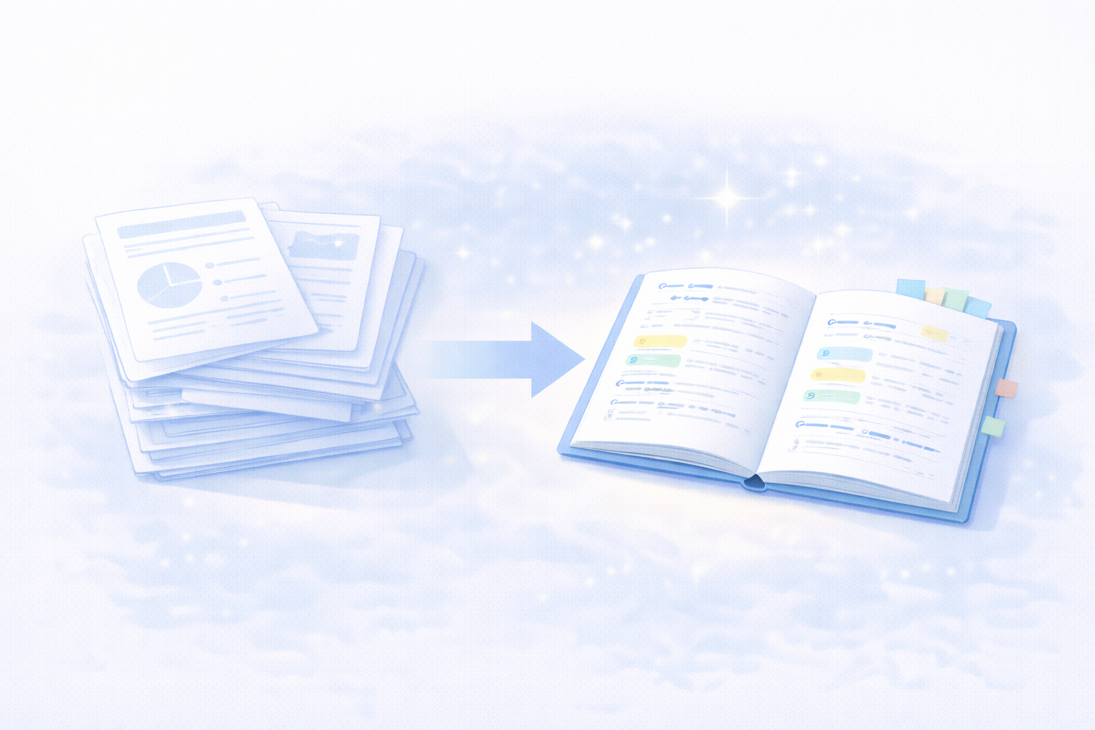 資料がノートに整理されるイメージ